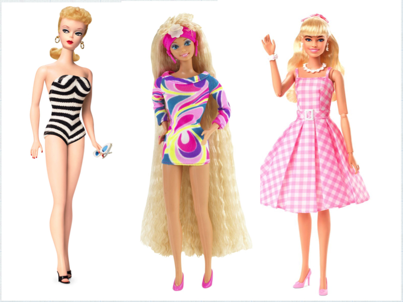 valuable Vintage Barbie dolls collage From left to right: The 1959 original Barbie, The 1992 Totally Hair Barbie, Part of the 2023 Movie Collection, Barbie.com