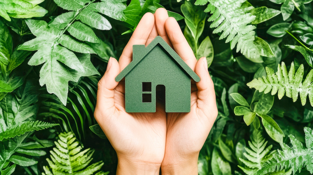 Eco-Conscious Living: Hands cradle a miniature green home amidst lush foliage, symbolizing environmental protection and sustainable housing solutions.