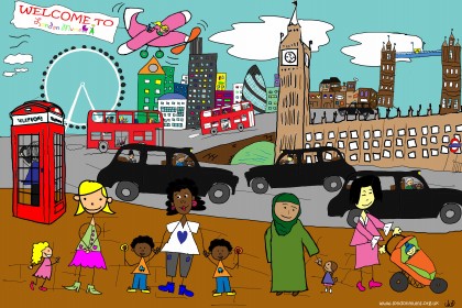 illustration showing multiracial London mums enjoying activities with children in the capital