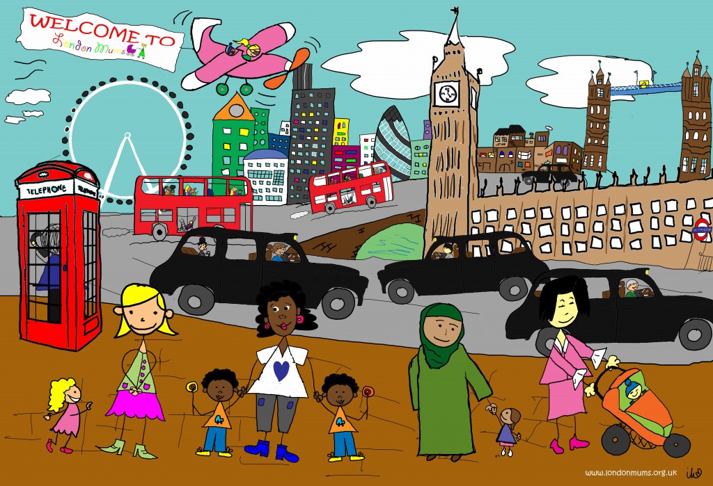 mixed london mums London Mums magazine poster showing multiracial mums enjoying the city of London with children