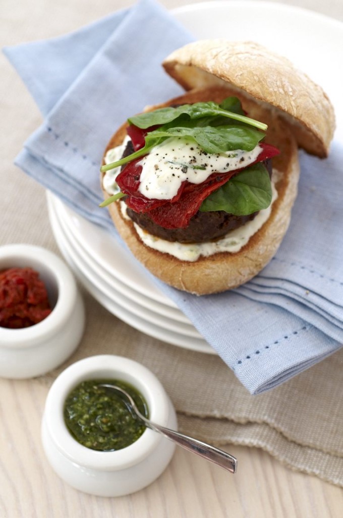 Recipe: Italian Pesto Burger with Roasted Peppers