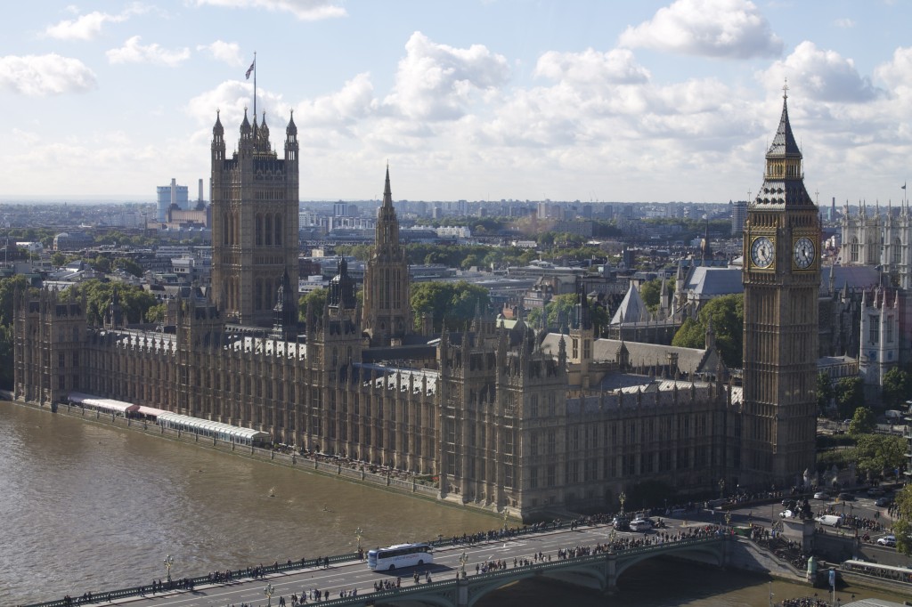 Big Ben and Westminster parliament seen from the london eye capsule aerial view