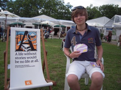 Crawford Johnston admiring a quotation from one of his famous supporters at Edinburgh International Book Festival 2
