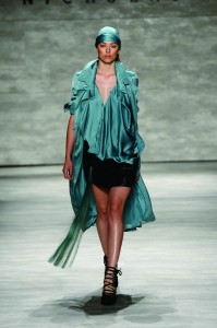 A model in Nicholas K at Mercedes-Benz Fashion Week Spring 2015 at Lincoln Center on September 4, 2014 in New York City. Photo by Fernanda Calfat/Getty Images for Mercedes-Benz