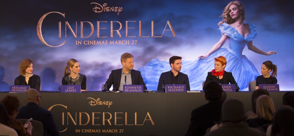 Left to right: Holliday Grainger (Anastasia); Lily James (Cinderella); director Kenneth Branagh; Richard Madden (Prince); costume designer Sandy Powell and producer Allison Shearmur.