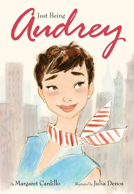 just being audrey book cover showing woman with red and white striped scarf and wearing blue topp