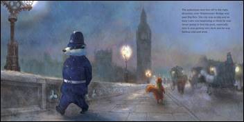 page of book showing hyde park squirrel and policeman in London at night
