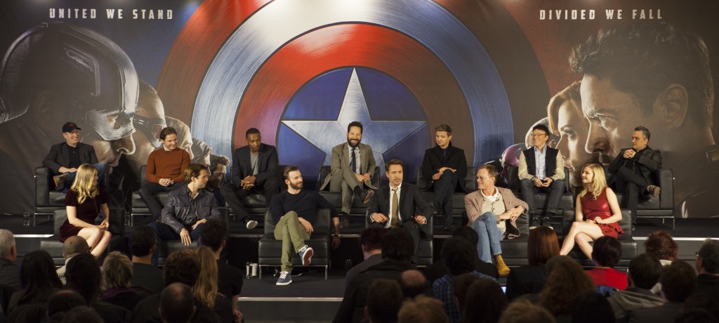London UK : Kevin Feige, Elizabeth Olsen, Daniel Bruhl, Sebastian Stan, Anthony Mackie, Chris Evans, Paul Rudd, Robert Downey JR, Jeremy Renner, Paul Bettany, Anthony Russo, Emily VanCamp and joe Russo attend the European Press Conference Of Marvel's "Captain America: Civil War” in London on April, 2016. (Credit : James Gillham / StingMedia for Disney)