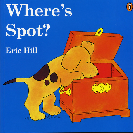 Children’s Book Cover where's spot blue book cover by eric hill showing a puppy looking in a red treasure box