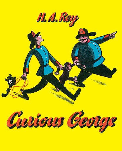 children's yellow book cover Curious George monkey walking with policemen