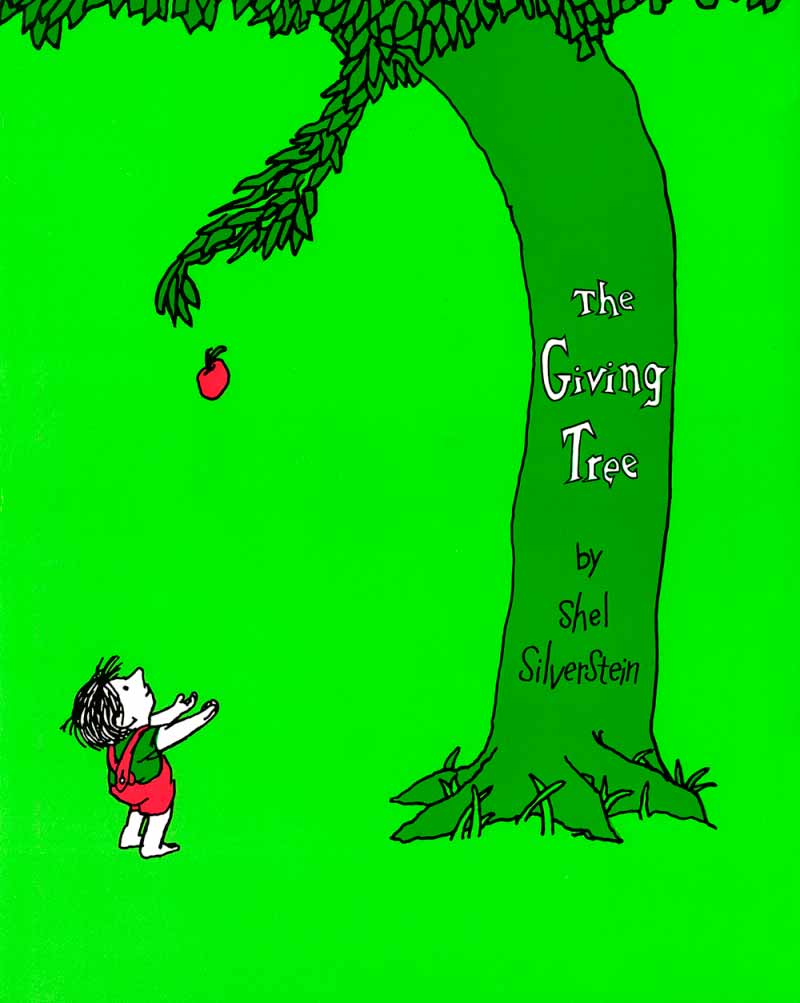 children's green book cover The Giving Tree showing a boy wearing a red jumpsuit collecting apple falling from tree