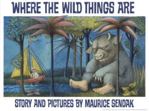 children's book cover Where-the-Wild-Things-Are-Sendak showing a rhino sleeping at a lake with boat and fisherman