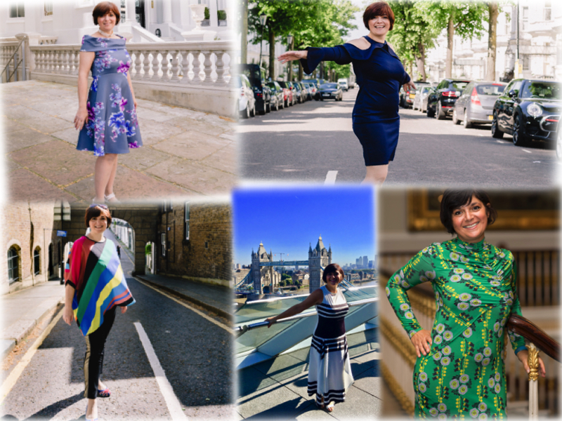 Monica Costa wearing five different fashion outfits posing for mums magazine 