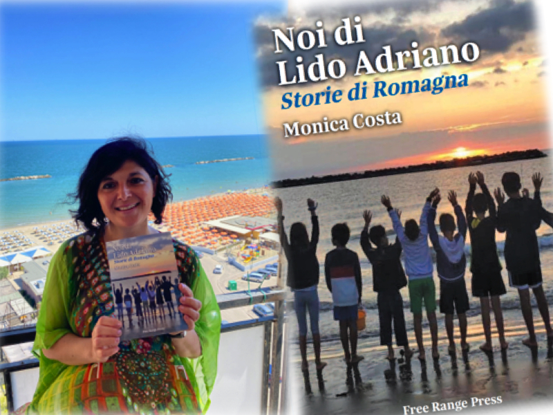 Monica Costa showing her holiday book Noi di Lido Adriano overlooking the beach in Italy 