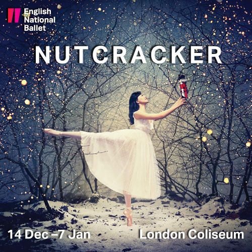poster for the nutcracker at the coliseum in london showing a ballet dancer holding the figurine of the nutcracker 