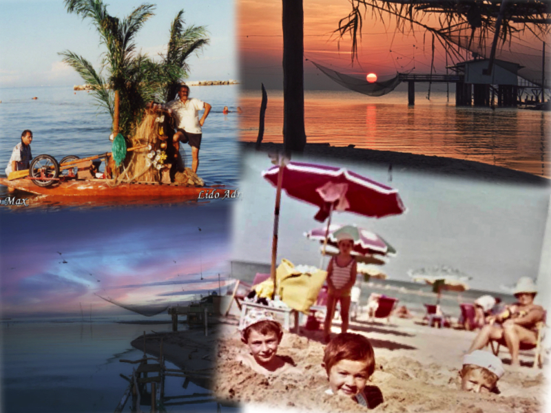 Lido Adriano beach in Italy with children playing in the sand and fishermen at sunset and palm trees