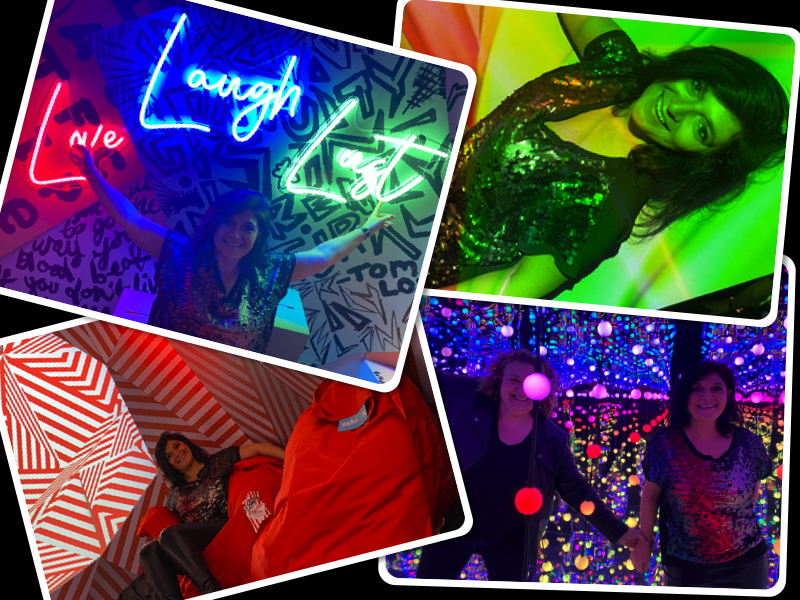 Women enjoying the colourful rooms and pop corn room at dopamine land in London Kensington posing for mums magazine