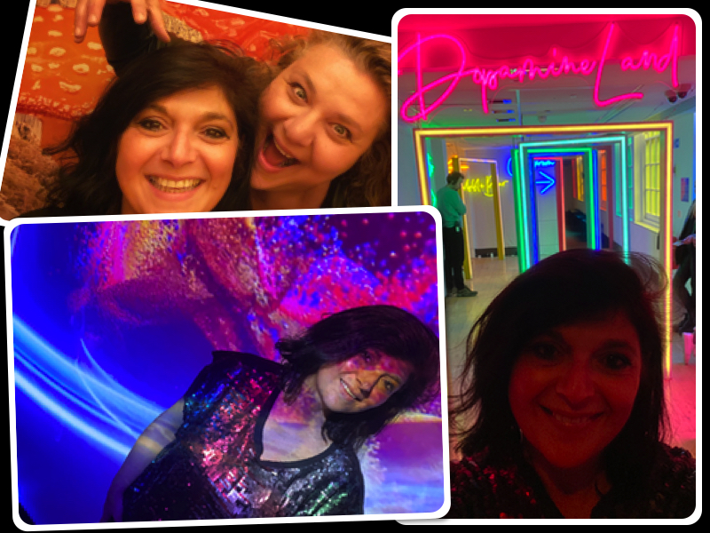 Women enjoying laughs at dopamine land in Kensington london posing for mums magazine