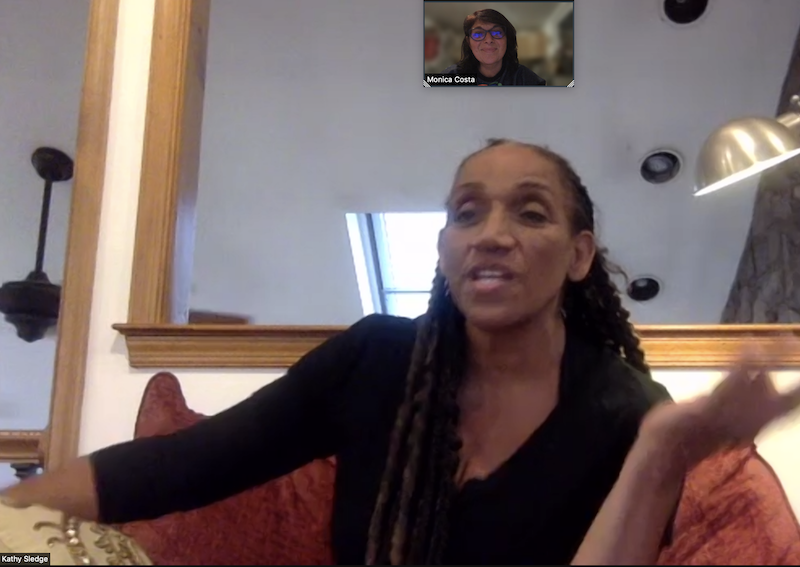 Kathy Sledge of band Sister sledge being interviewed on zoom by magazine editor Monica Costas