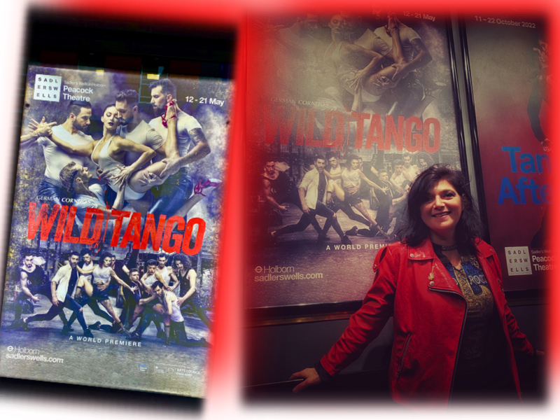 Monica Costa wearing red leather jacket posing near poster of wild tango