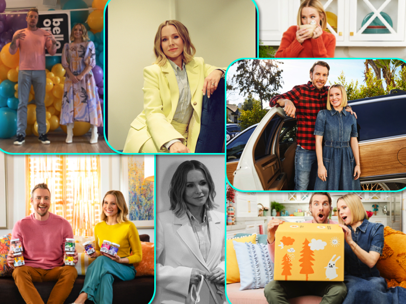 Kristen Bell and Dax Shepard laughing moments of family life at home posing for mums magazine