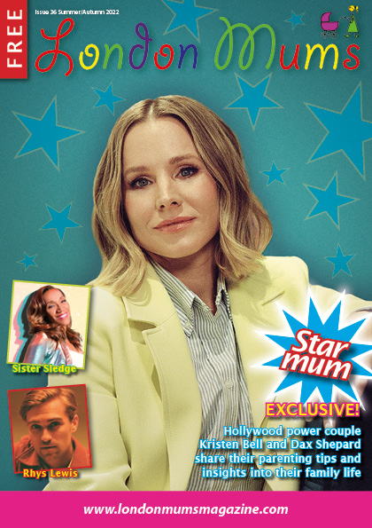 Kristen Bell wearing a yellow jacket posing for mums magazine cover