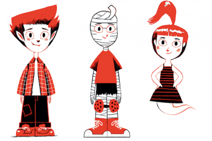 Book illustration showing characters Rudy & the Wolf Cub posing for mums magazine