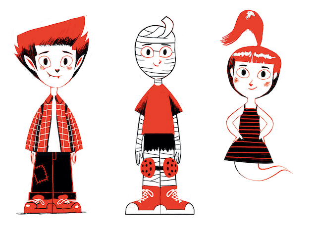 Book illustration showing characters Rudy & the Wolf Cub posing for mums magazine