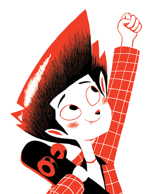 Book illustration showing character Rudy posing for mums magazine