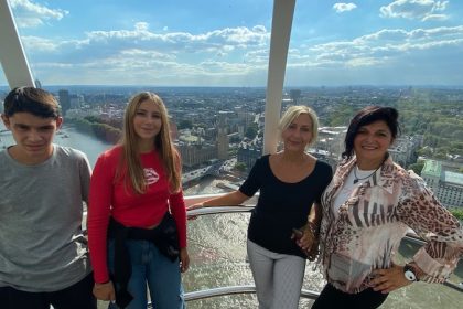 Mums and teenagers on board of a capsule on the London Eye posing for mums magazine