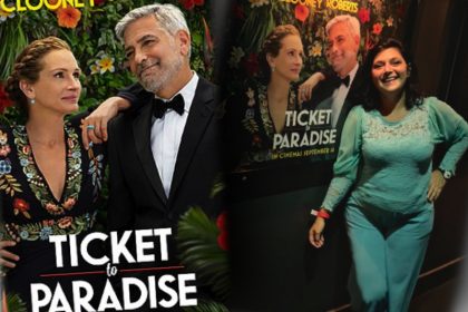 Julia Roberts and George Clooney in film poster ticket to paradise posing for mums magazine