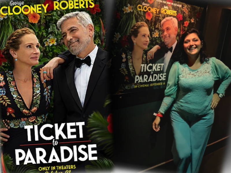 Julia Roberts and George Clooney in film poster ticket to paradise posing for mums magazine