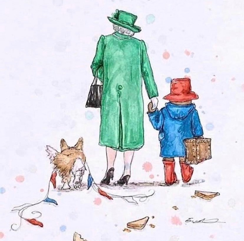 illustration with Queen Elizabeth wearing a green coat and hat holding hands with Paddigton bear with blue coat and corgi posing for mums magazine 