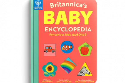 Book cover for Britannica’s BABY Encyclopaedia for curious kids aged 0 to 3 showing drawings