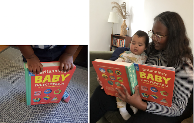 mums and baby reading Britannica’s BABY Encyclopaedia for curious kids aged 0 to 3&nbsp;
