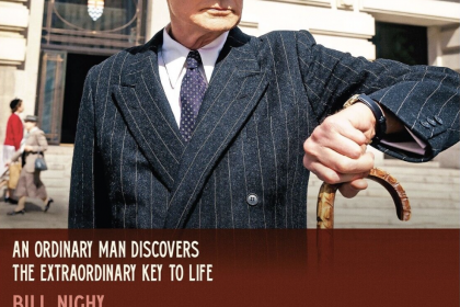 Living movie poster showing star Bill Nighy looking at his watch