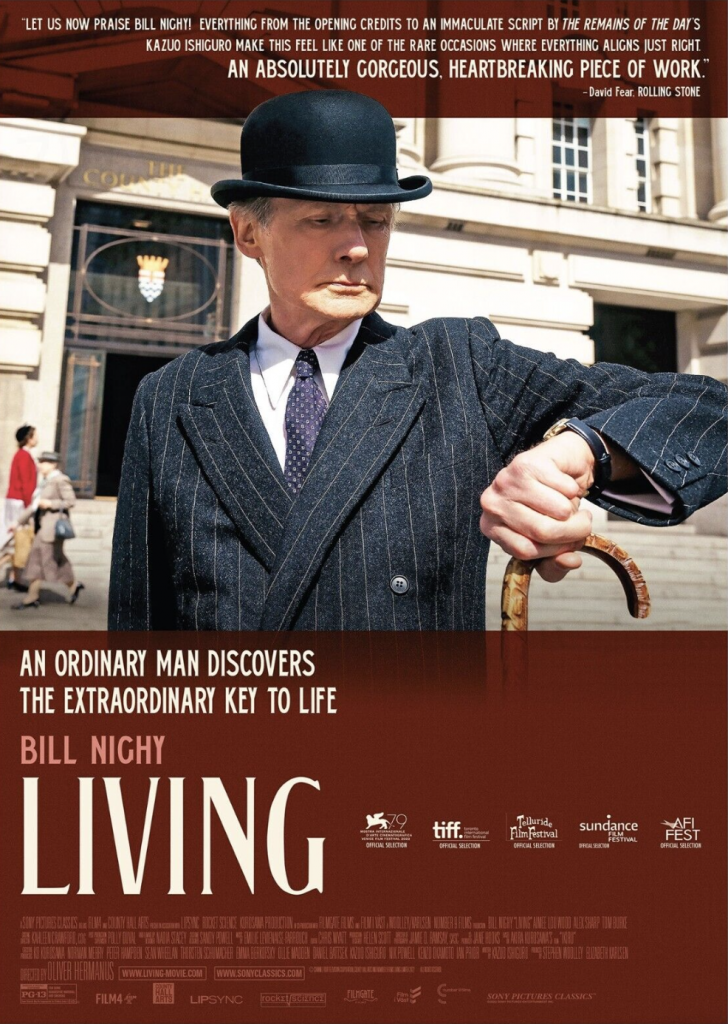 Living movie poster showing star Bill Nighy looking at his watch