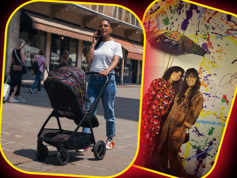 collage of images showing Georgette polizzi with nuna stroller and monica costa posing for mums magazine 