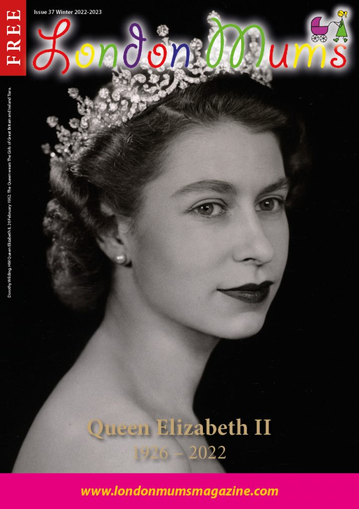 London Mums magazine issue 37 cover featuring Queen Elizabeth with crown and black backdrop