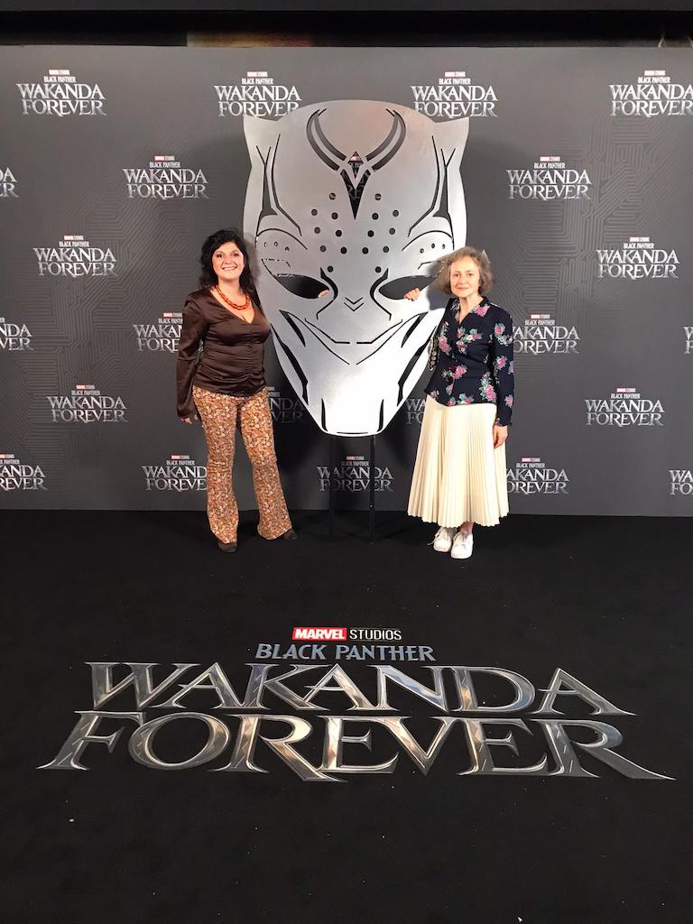 London Mums Monica Costa and Madeleine at Wakanda forever black panther screening posing for mums magazine