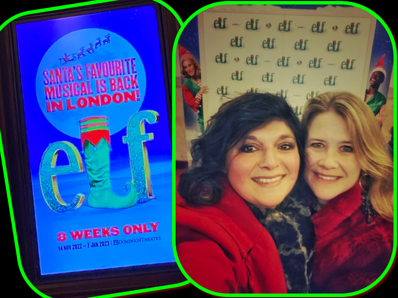 Monica Costa wearing a red coat on the Elf the musical red carpet in london