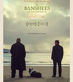 The Banshees of Inisherin movie poster showing two men and a dog on a beach looking at the sea
