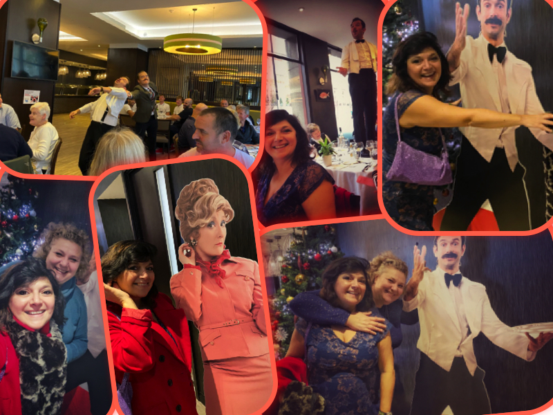 monica costa wearing a red coat at West end for review of The Faulty Towers Dining experience collage for london mums magazine
