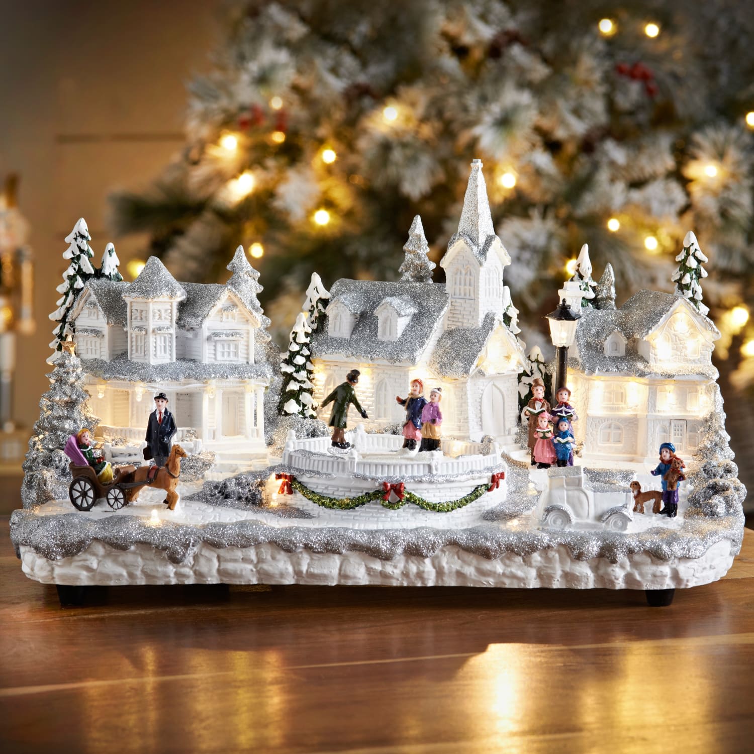 light-up musical glitter village church scene