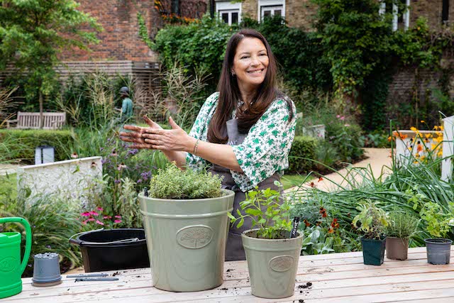 Rachel de Thame potting up herbs and Dementia Friendly Plants 