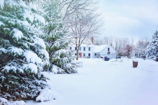 snowy house and garden 