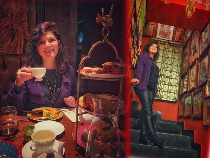 Monica Costa at Colonel Saab afternoon tea posing for London mums magazine