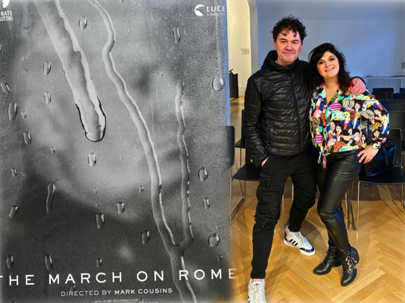 Documentary the march on rome poster collage including Mark Cousins and Monica Costa posing for a mums magazine 
