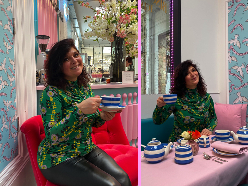 monica costa having Afternoon tea at Biscuiteers Belgravia while posing for London Mums magazine