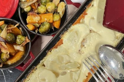 Gratin Dauphinois and roast vegetables